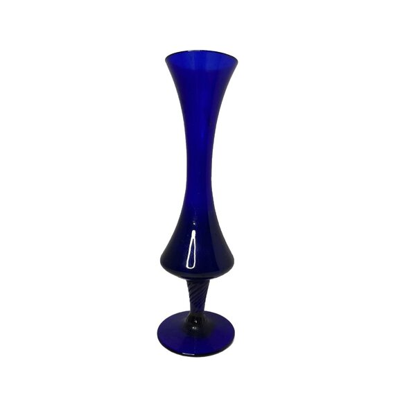 Vintage Kreiss Japan Bud Vase Cobalt Blue Art Glass Stemmed Plain 8.5 In Rose - Picture 1 of 6